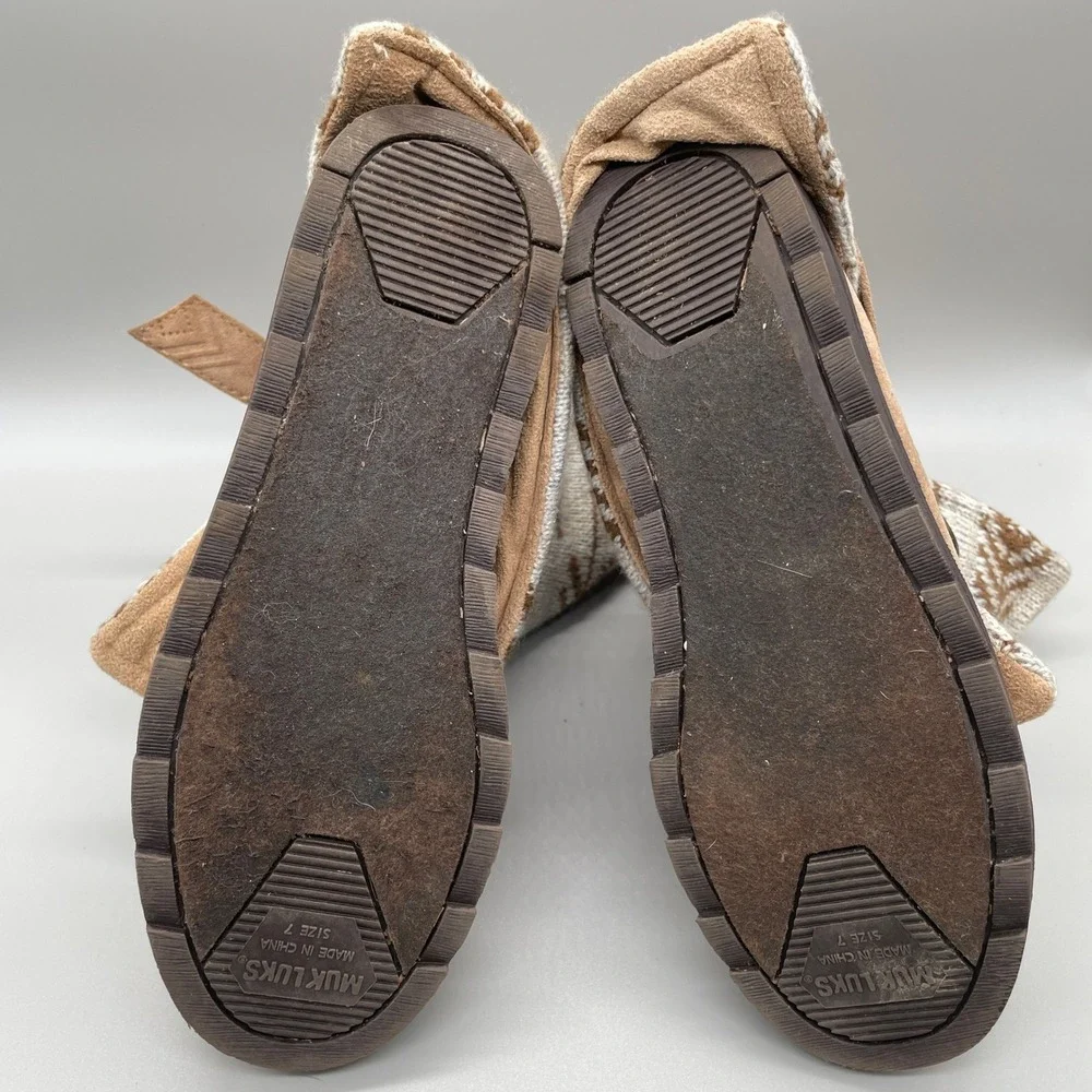 Muk Luks Sweater Knit Booties Womens Size 7 Tan Faux Suede Fold-Over Boho Buckle